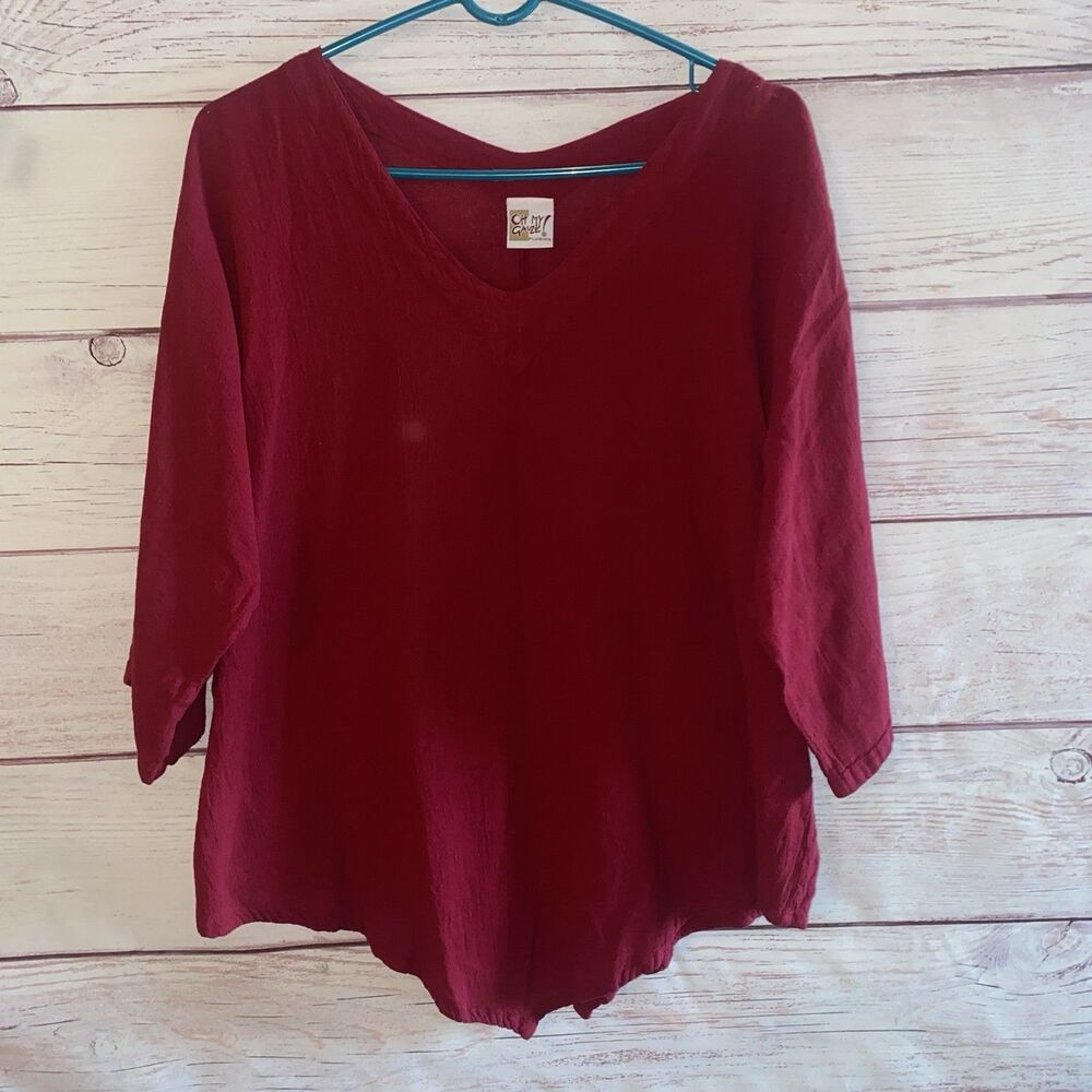 Oh My Gauze Womens Size XL 3 Red Gauze Tunic Top 3/4 Sleeve Boho Lagenlook B27
